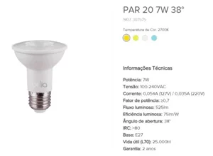 Lampada Led Brilia 7w 2700k Par20 Autovolt E27 307575