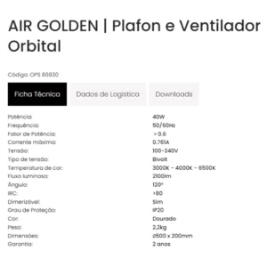 Ventilador Opus Air Golden Orbital 40w Multicor Biv Gold