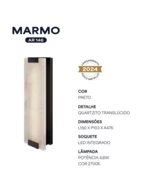Foco Metallo Arandela Marmo Preto 4.8w 2700k Ar 146/pt